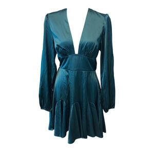 NWT Abercrombie & Fitch Emerald  Satin V Neck Long Sleeve Mini Dress M A-line